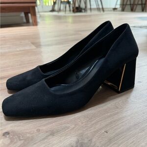 Zara Block Heels - Black Suede w/ gold mirror detail (size: EU 39)